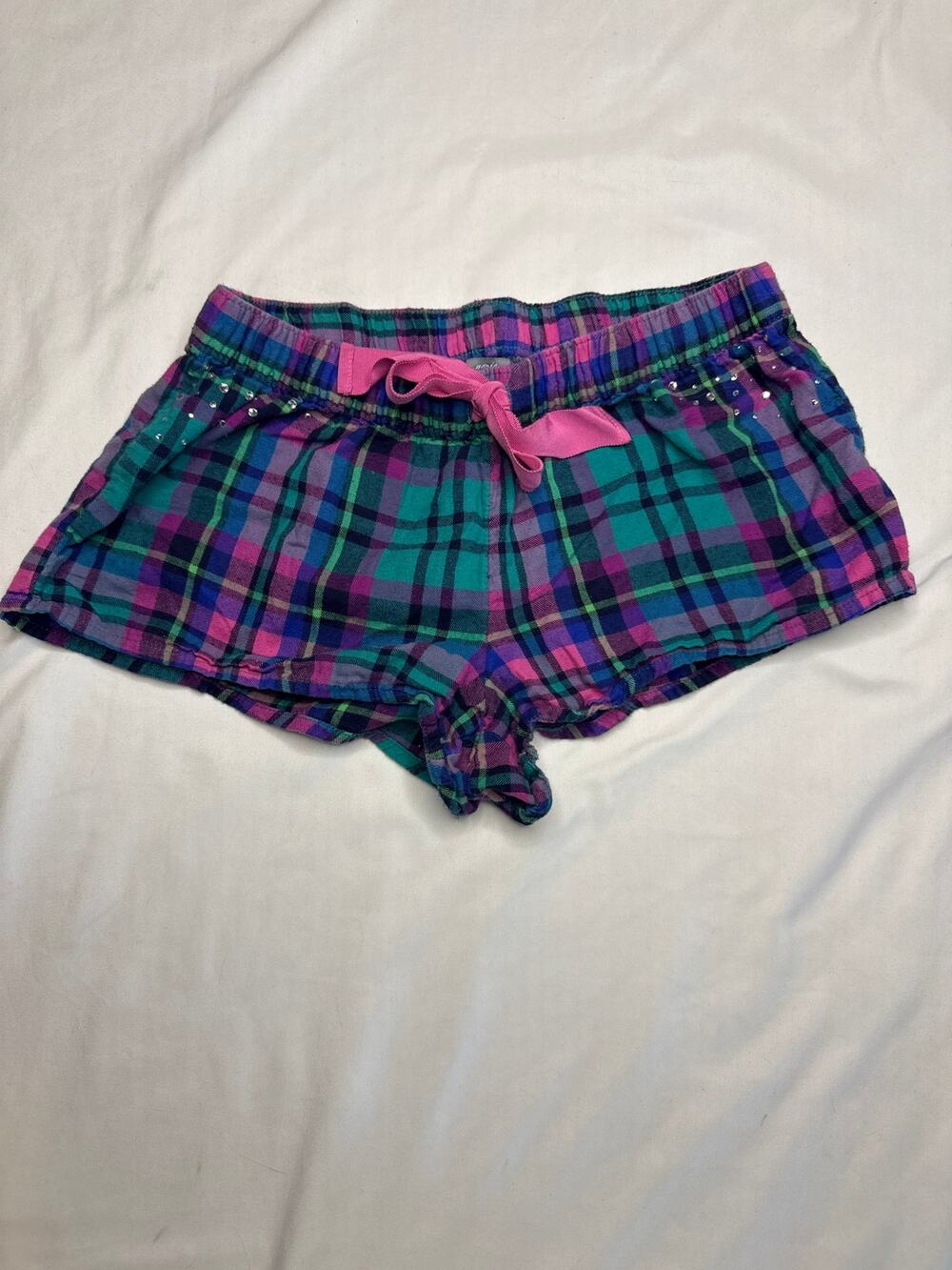 Aerie Plaid Pink Green Rhinstone Sleep Shorts Small